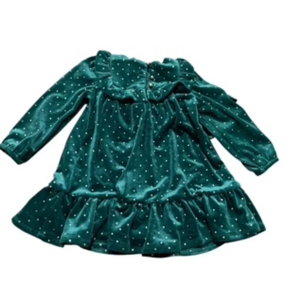 New Tahari Dress Girls Size 2 Green Velour Velvet With Gold Studs & Headband NWT